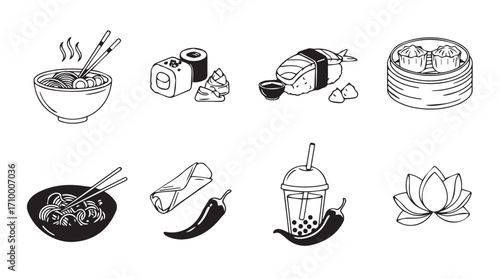 Hand drawn asian food icons set ramen dumplings sushi spring rolls chili and lotus flower sketches silhouette