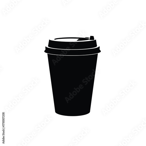 Vector art of minimalist black silhouette of a disposable coffee cup with lid, symbolizing convenience and onthego lifestyle