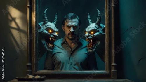 Wallpaper Mural Man standing in front of mirror with two demonic creatures emerging from reflection, glowing eyes, dark horror atmosphere and surreal fantasy scene Torontodigital.ca