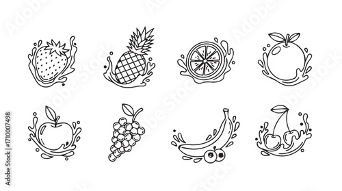 Hand drawn fruit collection featuring pineapple apple orange grapes banana cherries and tropical fruits with splash effects silhouette