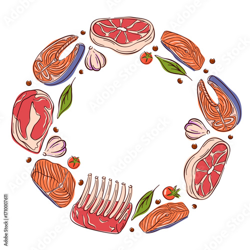 Circular frame border with raw meat cuts, salmon steaks, beef, ribs,, garlic, herbs, tomatoes and spices on white background with empty center space in flat style.