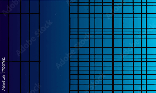 Abstract blue squares create a patterned grid on a glass skyscraper's wall, reflecting the urban sky and symbolizing modern business technology