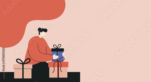 A person is holding a gift box surrounded by other presents, symbolizing joy and generosity during a special occasion or holiday celebration.