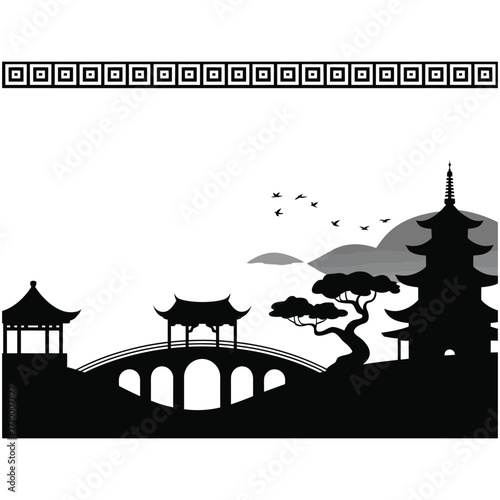Oriental Landscape Silhouette, taj mahal vector illustration, Chinas architecture. 