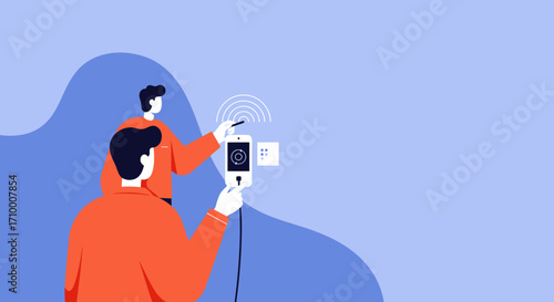 Two men use smartphones to control smart devices wirelessly, illustrating modern connectivity, IoT solutions, and a technologically advanced lifestyle.