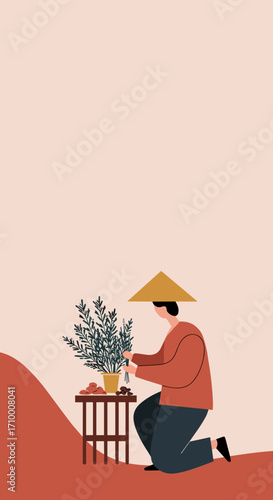 A person wearing a traditional conical hat carefully tends to a potted plant, symbolizing cultural heritage and the peaceful art of cultivation, against a minimalist background.