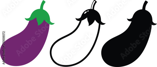 Three eggplant variations showing color, outline, and silhouette for design