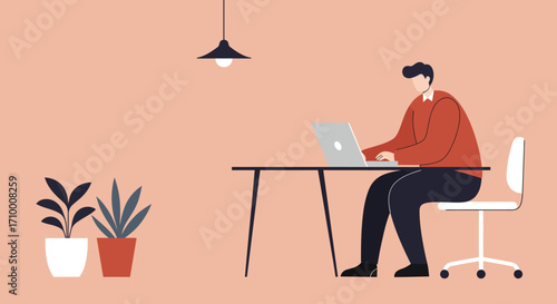 Illustration of a man diligently working on his laptop at a desk in a modern home office setting. Ideal for remote work, freelance, and online business concepts.