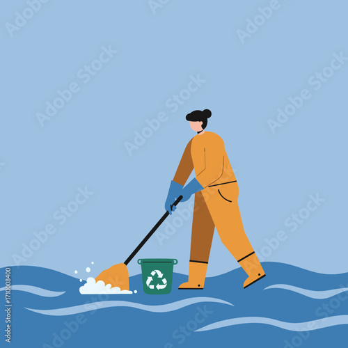 A dedicated person in protective gear actively cleans up contaminated water, highlighting the critical importance of environmental preservation and ecological responsibility.