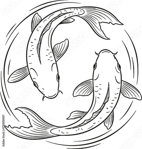 Two stylized koi fish gracefully swimming in a circular pattern, representing harmony and balance.