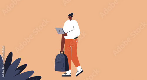 Illustrated person walking with laptop and backpack, representing mobile work, education, and modern busy lifestyle. Ideal for technology, business, or student themes.