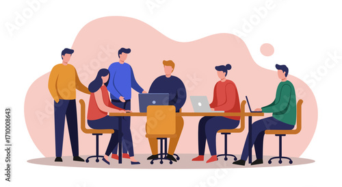 Diverse business team collaborating in an office meeting, brainstorming ideas, and working together on laptops for project success.