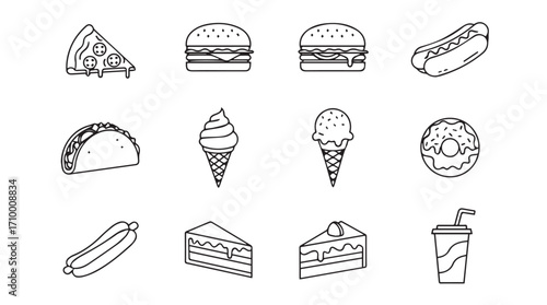 Drawn fast food icons set delicious cheeseburger hot dog pizza slice ice cream donut dessert drink silhouette