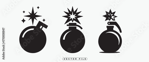 A series of three stylized black grenade illustrations with starburst effects