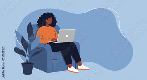 Creative woman works remotely on her laptop in a warm, relaxed setting, blending productivity with leisure and music. Ideal for modern work-life balance concepts.