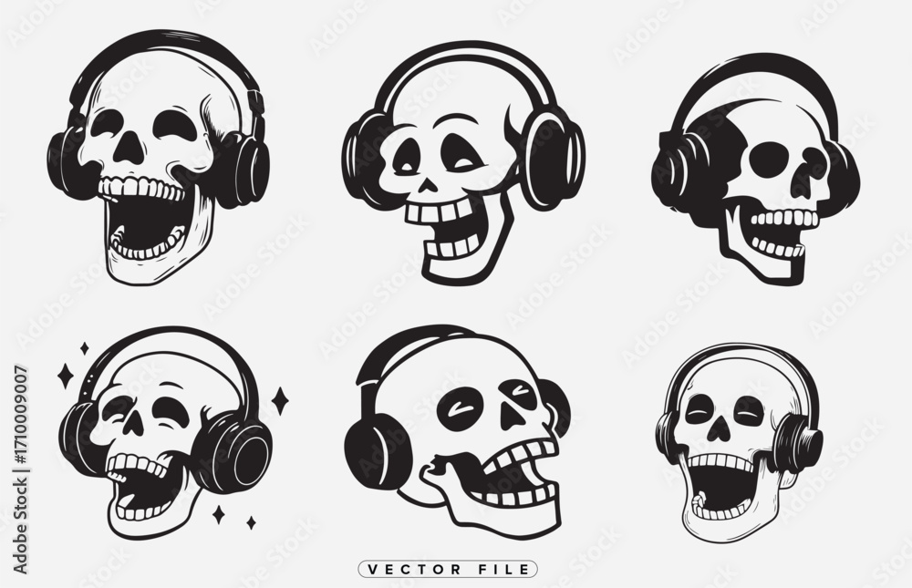 Obraz premium Six stylized skulls wearing headphones expressing varied emotional states