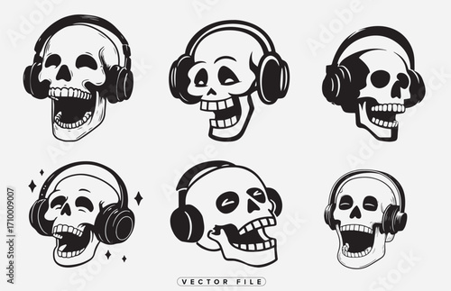 Six stylized skulls wearing headphones expressing varied emotional states