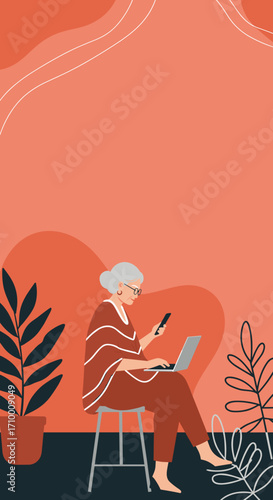 Happy senior woman using a laptop on a comfortable sofa at home, embracing digital connectivity and modern learning in retirement.