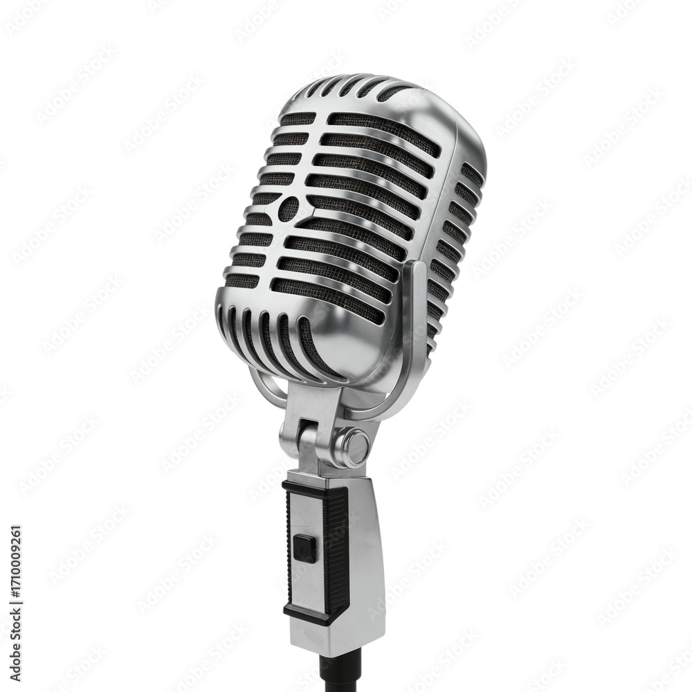 Fototapeta premium Vintage silver microphone with stand symbolizing retro music performance broadcasting and live entertainment concept.