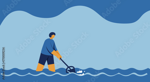 Individual cleaning water with a scoop net, symbolizing environmental protection, pollution removal, and ocean health. Perfect for ecological initiatives.