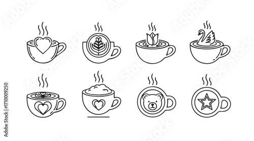 Charming hand drawn coffee cups featuring heart bear star and latte art designs silhouette