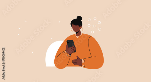 A stylish young woman with dark skin is engrossed in her smartphone, showcasing modern digital communication and connectivity in a minimalist illustration.