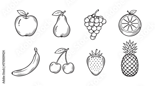 Hand drawn fruit collection set apple pear grapes orange banana cherries strawberry pineapple silhouette