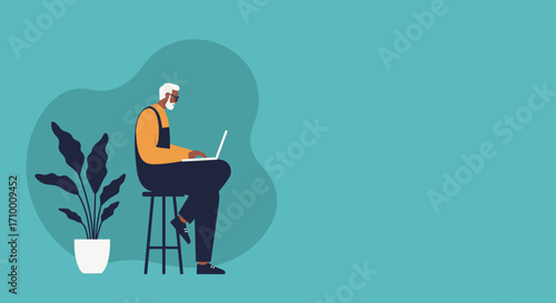 Elderly man with beard and glasses focused on his laptop, depicting active retirement, online learning, or remote work.