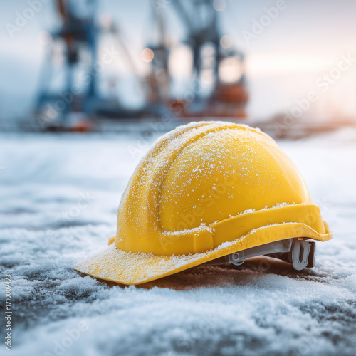 Yellow hard hat placed on snow, frozen industrial scene. Winter safety concept for construction and building themes.