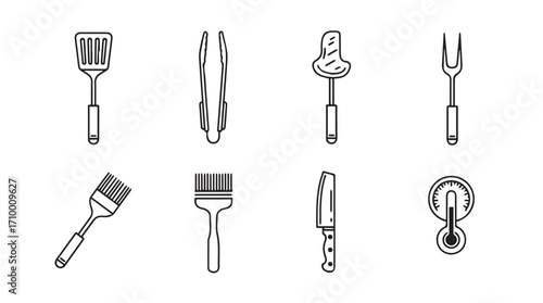 Collection of eight hand-drawn cooking utensils and grill tools isolated on silhouette
