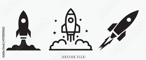 Illustrative collection of three black rocket ship icons launching into space