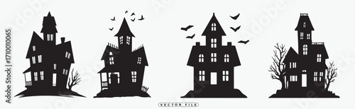 Silhouetted haunted houses and flying bats against a simple background