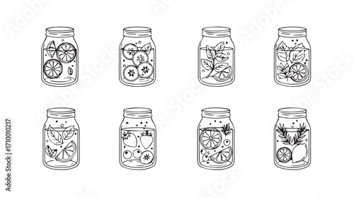 Eight hand-drawn glass jars filled with assorted preserved foods and ingredients silhouette
