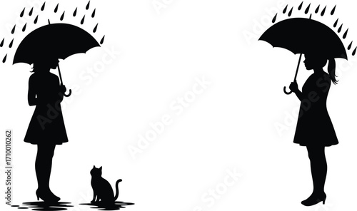 Silhouettes of people with umbrellas standing in the rain a cat nearby