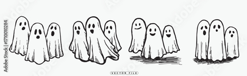 A playful collection of hand drawn ghosts with smiling faces