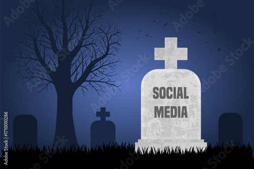 Social media is dying. Grave concept symbolizing decline in popularity of mainstream social media websites.