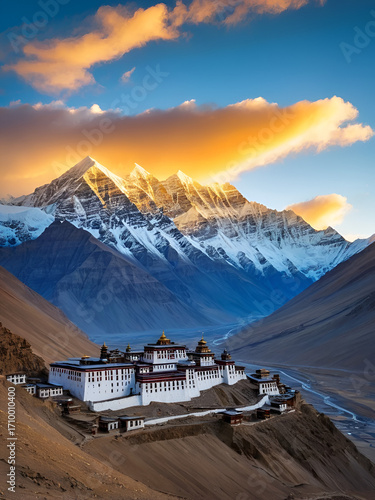 Picturesque view of the Key Gompa Monastery (4166 m) at sunrise. Spiti valley, Himachal Pradesh, India.