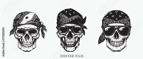 Three skull illustrations with bandanas and sunglasses in black and white
