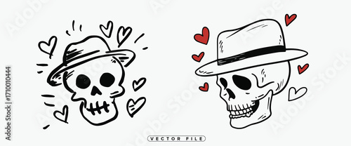 Two skull illustrations wearing hats surrounded by floating red hearts vector