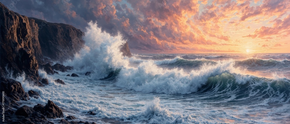 Naklejka premium Dramatic Seascape Painting: Waves Crashing on a Rocky Shore at Sunset. An awe-inspiring painting capturing the raw power of the ocean as large, foamy waves crash against a rugged, rocky coastline.