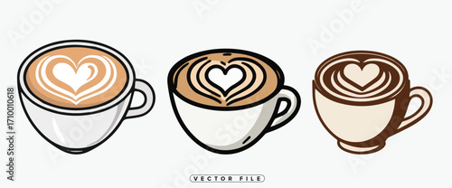 Three illustrated coffee cups with heart shaped latte art designs