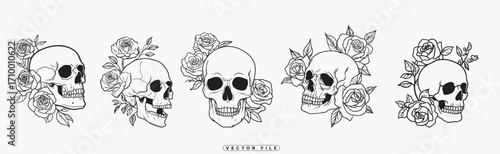 Five stylized skulls adorned with floral designs in black and white