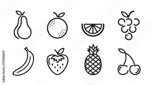 Set of stylized outline fruit icons featuring pear orange citrus slice grapes banana strawberry pineapple cherries silhouette