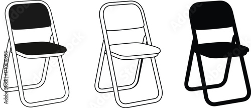 Three folding chairs, two in black and one in white outline, on a clean background.