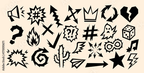 Effect element comic icon appears where a cute line sketch forms bold graphic symbols. Effect element comic vector set shows arrows, dice, ghost, infinity, cactus and fire signs.