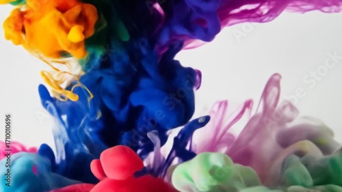 Vibrant Ink Clouds Merging and Forming Abstract Colorful Swirls on White Backdrop