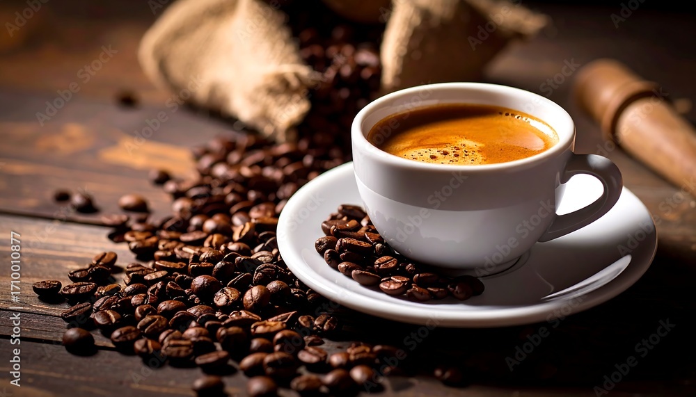 Obraz premium Espresso coffee, beans, burlap