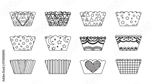Collection of twelve decorative patterned cupcake liners with various artistic designs for baking silhouette
