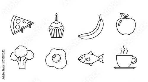 Diverse hand drawn food icons set pizza cupcake banana apple broccoli egg fish coffee cup silhouette