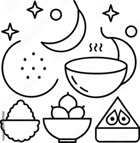 Line art illustration of food items and celestial elements black and white drawing